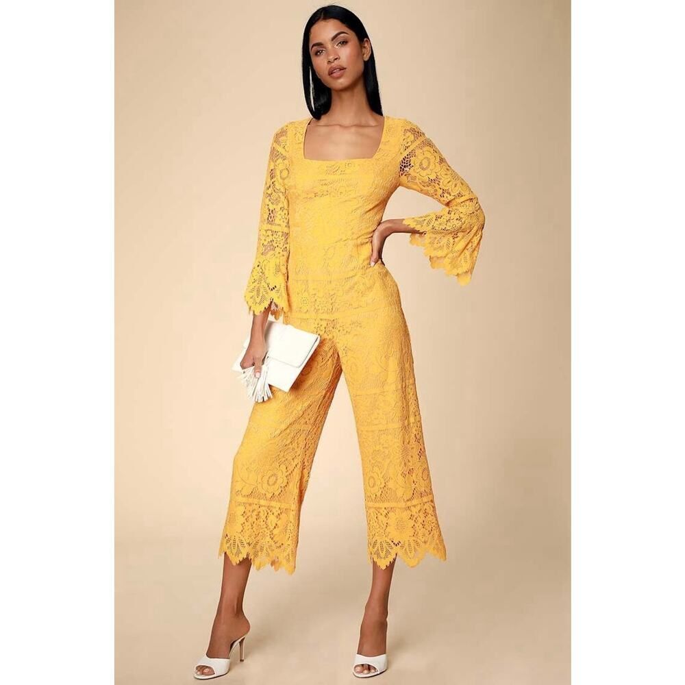 NWT Lulus Amoureux Golden Yellow Lace Culotte Jumpsuit Flounce Sleeve XS